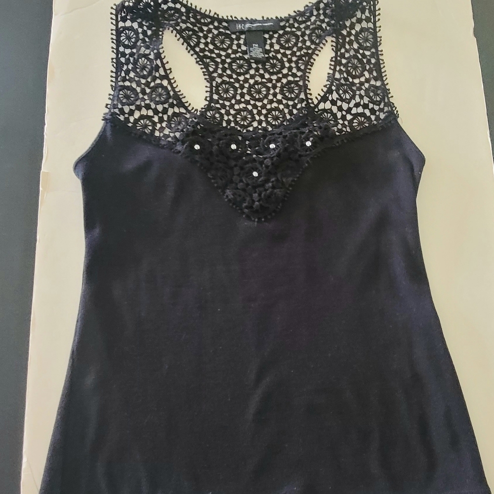 INC Black Crochet Embellished Dressy Tank Top  with Stones Petite Medium PM